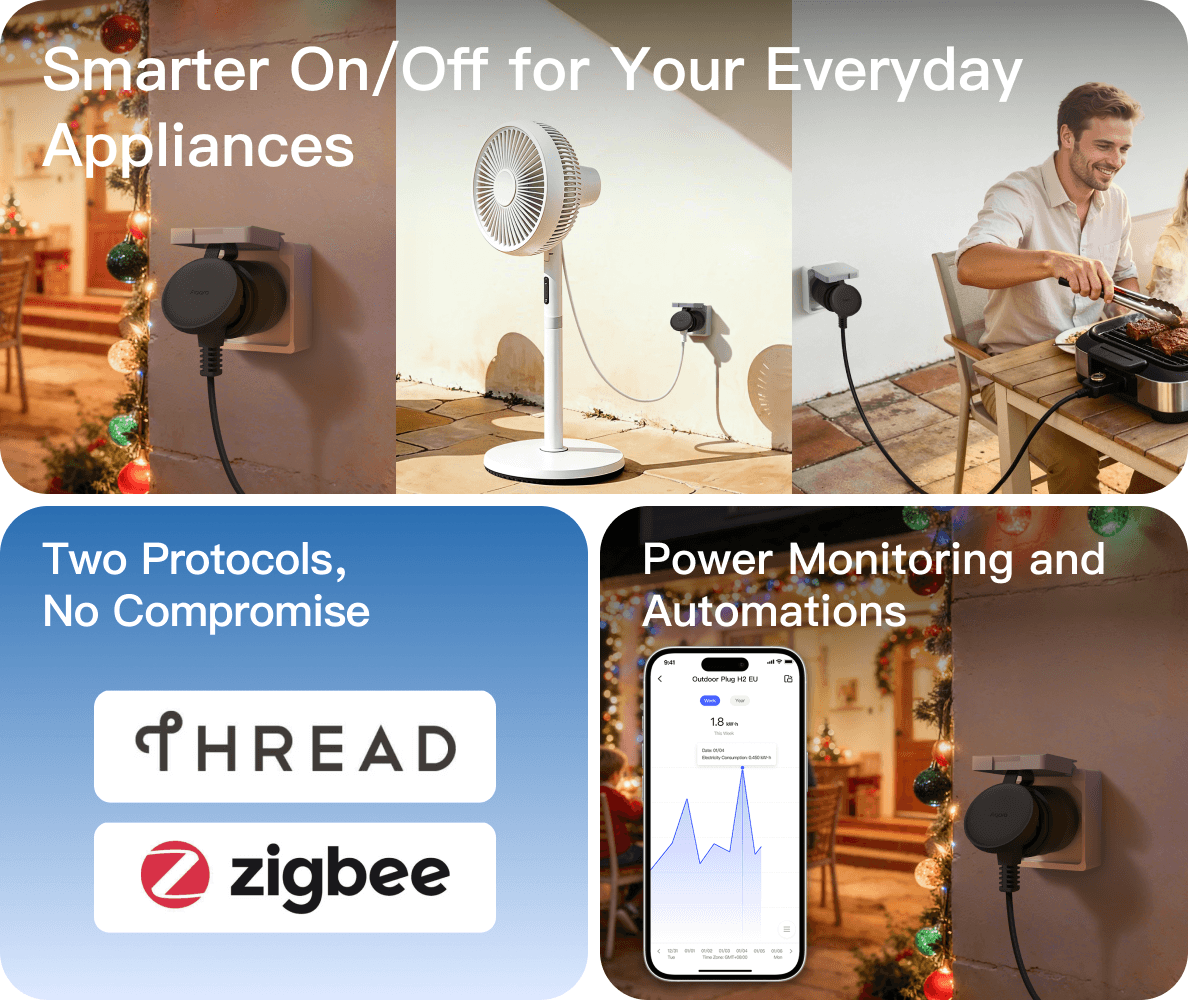 Aqara Outdoor Plug H2 EU mounted on a wall outlet, alongside app screens showing power monitoring and the Thread and Zigbee dual-protocol logos
