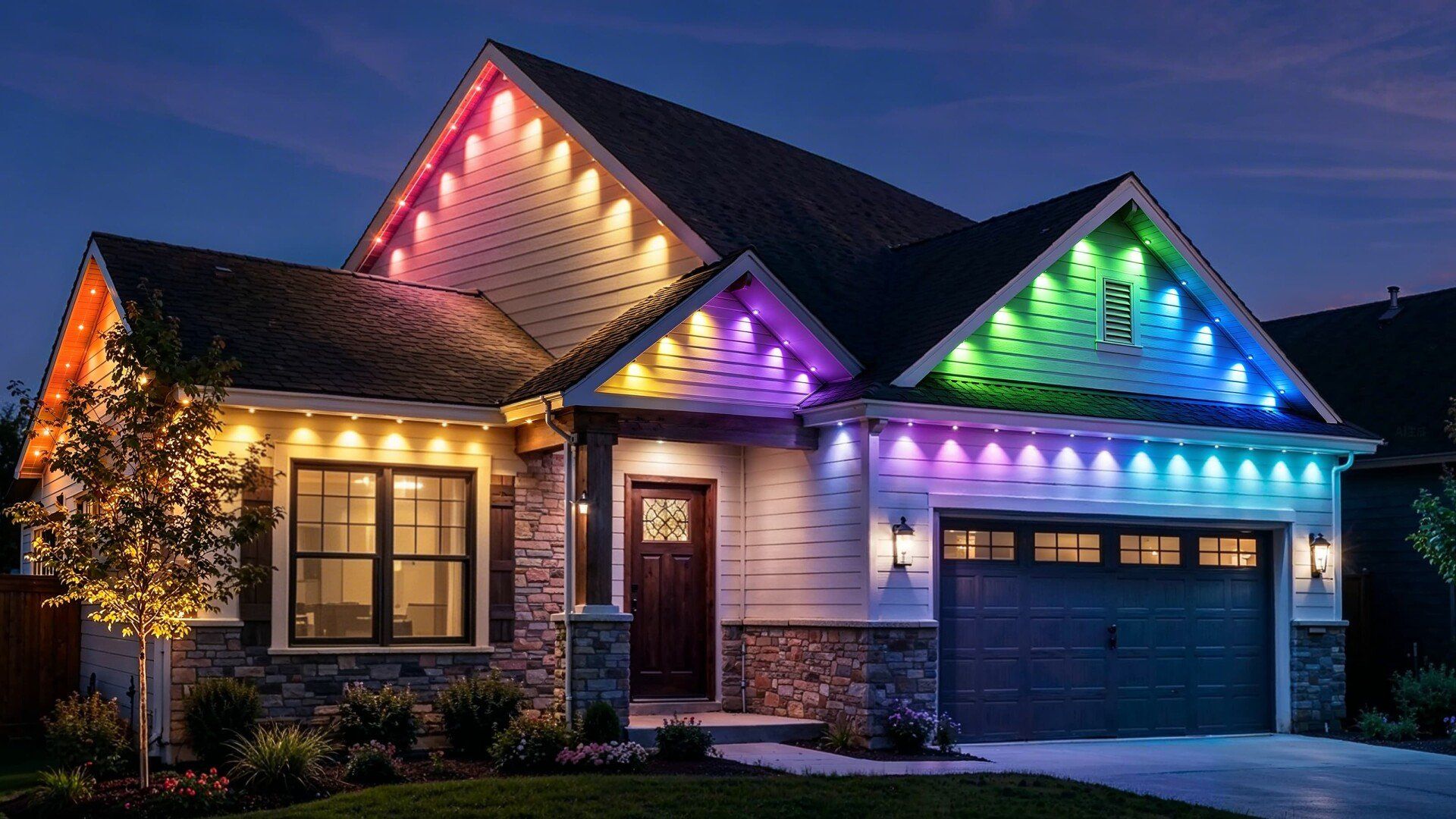 Aqara Permanent Outdoor Lights H1 installed under a house roofline